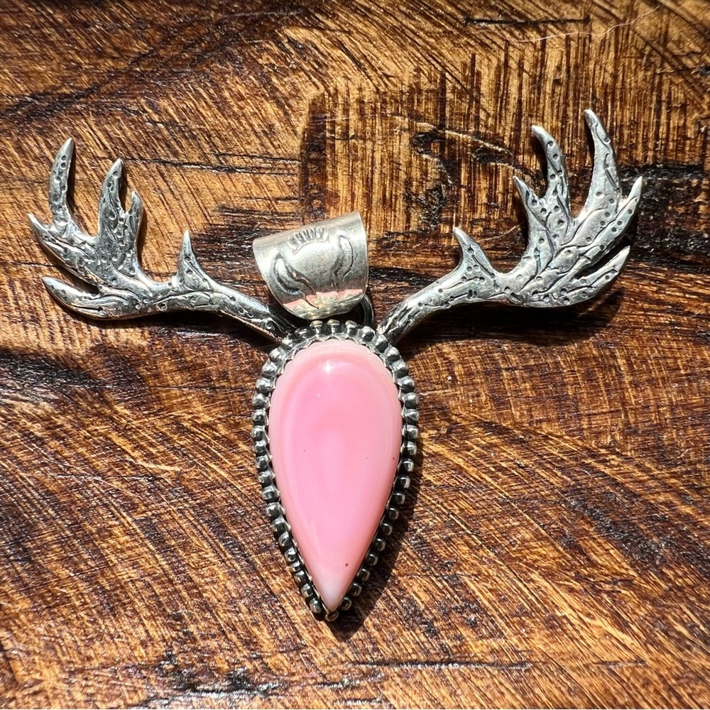 925 Sterling Pink Conch Deer Antler Pendant Teardrop Western Statement